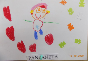 Portret pani Anety narysowany przez dziecko.