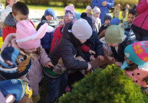 Dzieci szukają wielkanocnego zajączka w ogrodzie