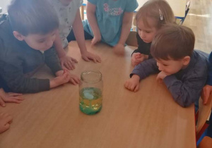 Dzieci zgromadzone wokół stołu wykonują eksperyment- obserwują jakie zmiany zachodzą w słoiku.