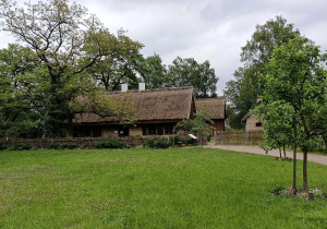 Skansen. Dawne chaty drewniane pokryte strzechą.