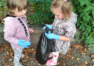Dzieci sprzątają ogród przedszkolny