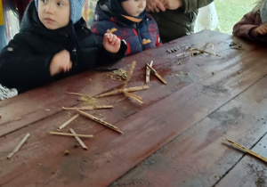 Dzieci wydobywają z trzciny larwy pszczół.