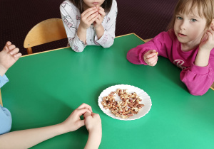 Dzieci degustują różnego rodzaju orzechy. Poznają smaki i różnice w rodzajach orzechów.