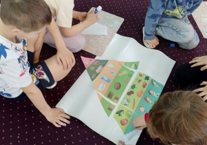 Dzieci układają piramidę żywieniową z części
